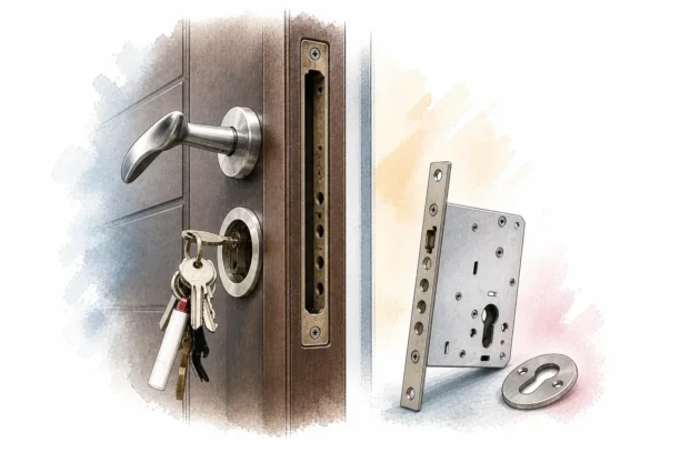 Porta blindata con serratura rimossa e meccanismo smontato durante un intervento di sostituzione serratura a Torino, illustrata in stile editoriale moderno per servizi di sicurezza domestica.